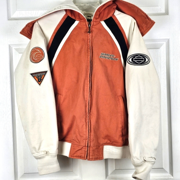 Harley-Davidson Jackets & Blazers - Harley Davidson Quilted Zipper Hooded Bomber Jacket L Orange White Black Biker